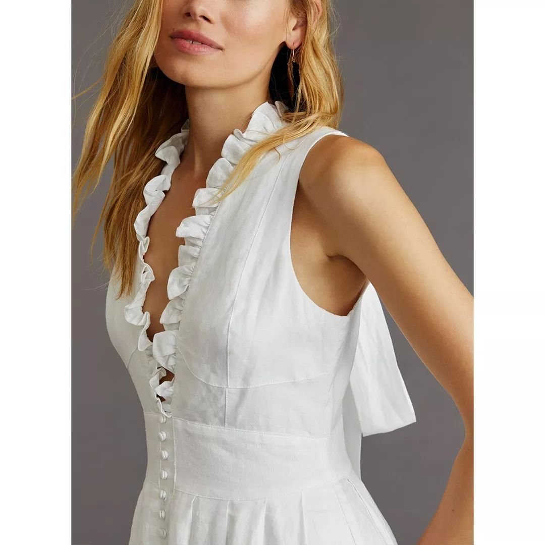 Summer 100% linen fabric Sleeveless Ruffle V Neck Maxi Lady Elegant Dress and women's Button Casual Long dress