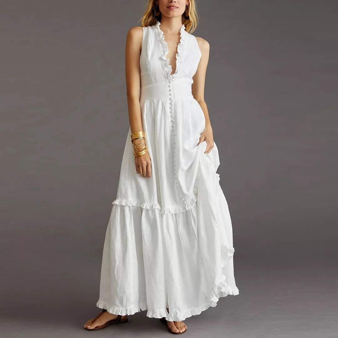 Summer 100% linen fabric Sleeveless Ruffle V Neck Maxi Lady Elegant Dress and women's Button Casual Long dress