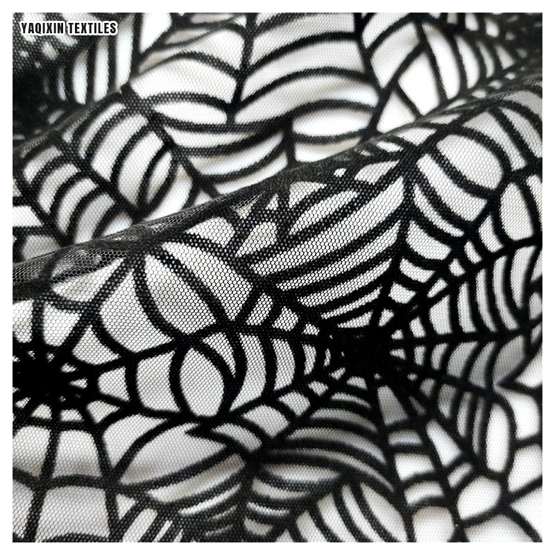 Latest Dark Black Soft Polyester Spider Web Pattern Design Flocking Tulle Mesh Fabric for Halloween Hijab Headwear