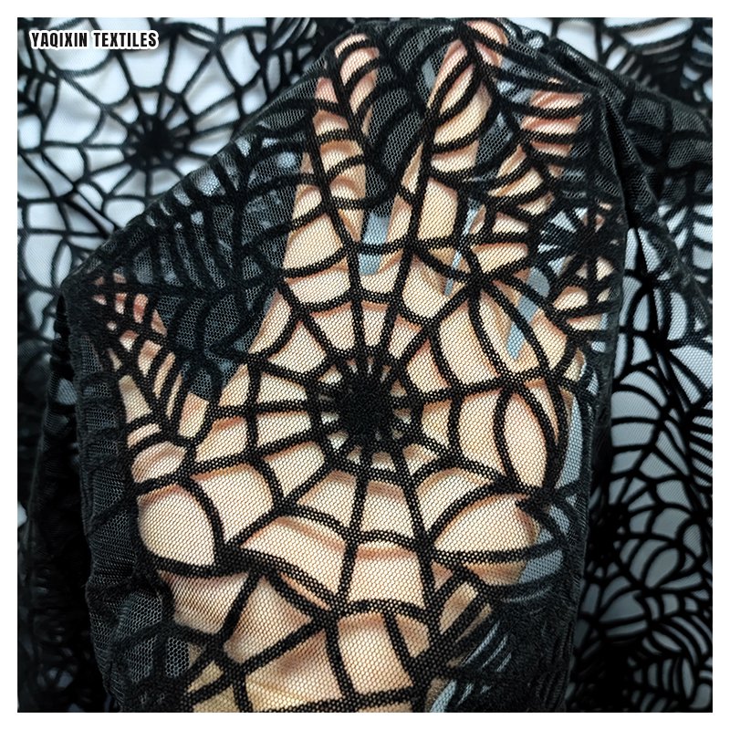 Latest Dark Black Soft Polyester Spider Web Pattern Design Flocking Tulle Mesh Fabric for Halloween Hijab Headwear