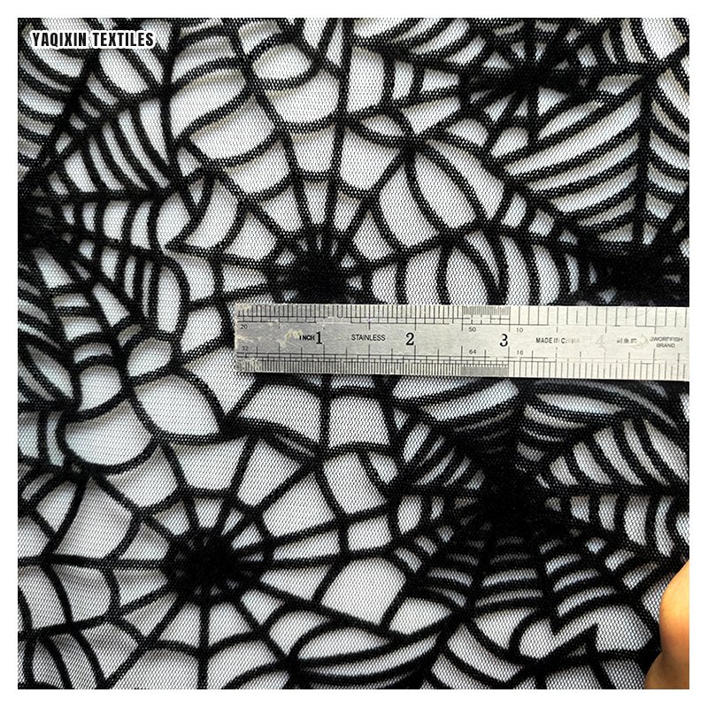 Latest Dark Black Soft Polyester Spider Web Pattern Design Flocking Tulle Mesh Fabric for Halloween Hijab Headwear