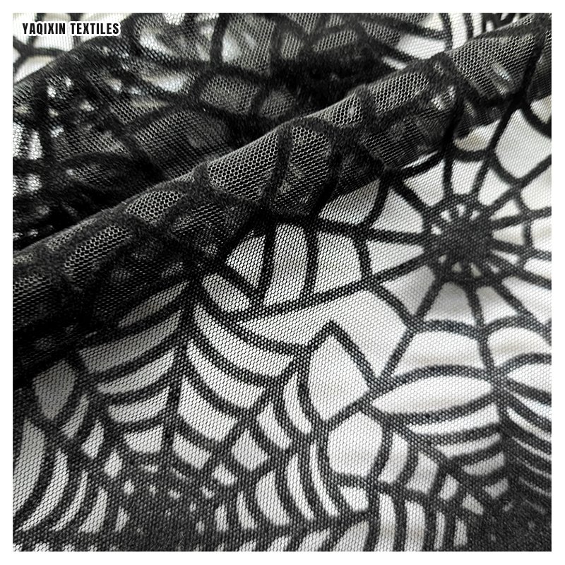 Latest Dark Black Soft Polyester Spider Web Pattern Design Flocking Tulle Mesh Fabric for Halloween Hijab Headwear