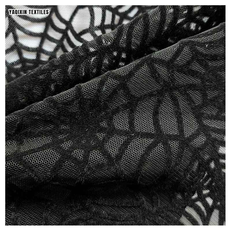 Latest Dark Black Soft Polyester Spider Web Pattern Design Flocking Tulle Mesh Fabric for Halloween Hijab Headwear