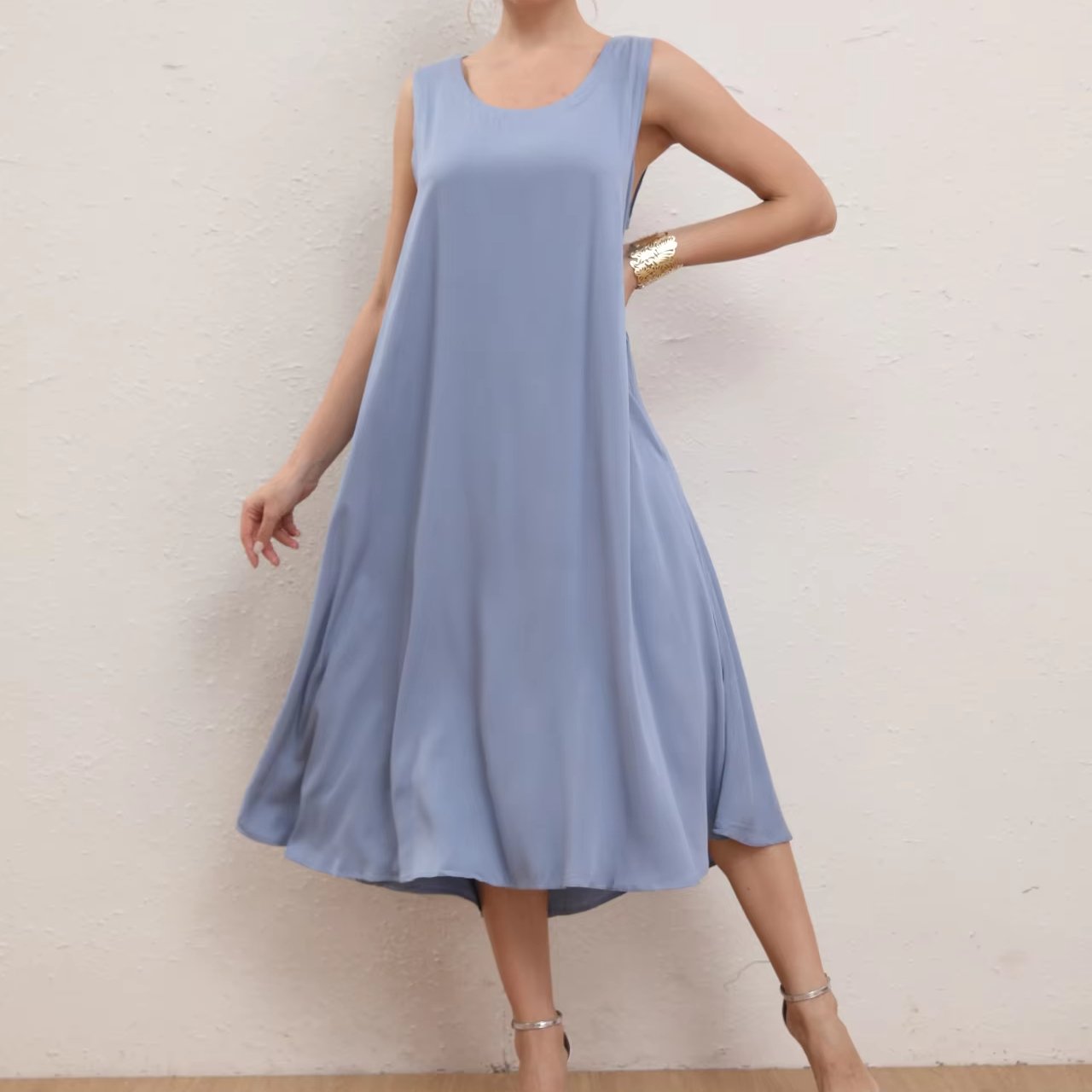 Blue 100% Cotton Linen Dress Elegant Sexy Korean Style Vintage Floral Print Midi Girls Minis High Plus Beach Use Wholesale