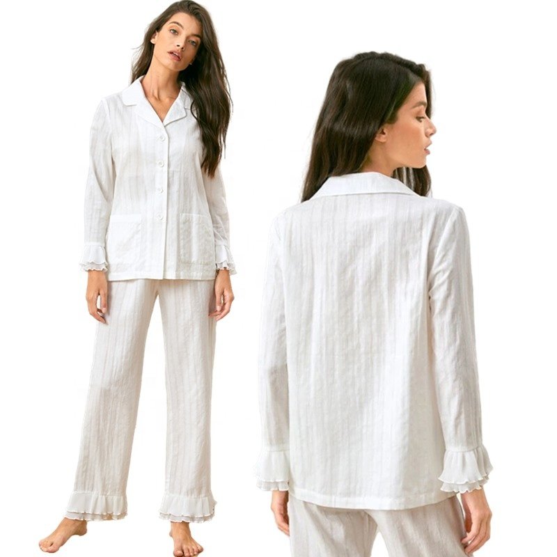 Layered Flounce Sleeve Pajamas Custom Long Sleeve Sleepwear Women Eco Friendly Bamboo Viscose Lounge Wear Sets Women