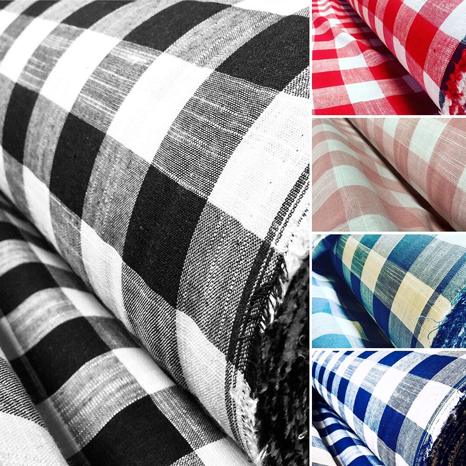 Natural Gingham Pure Flax Check Linen Fabric Medium Weight Organic Woven Dyed Plain Style for Shirt & Dress Soft Home Textiles