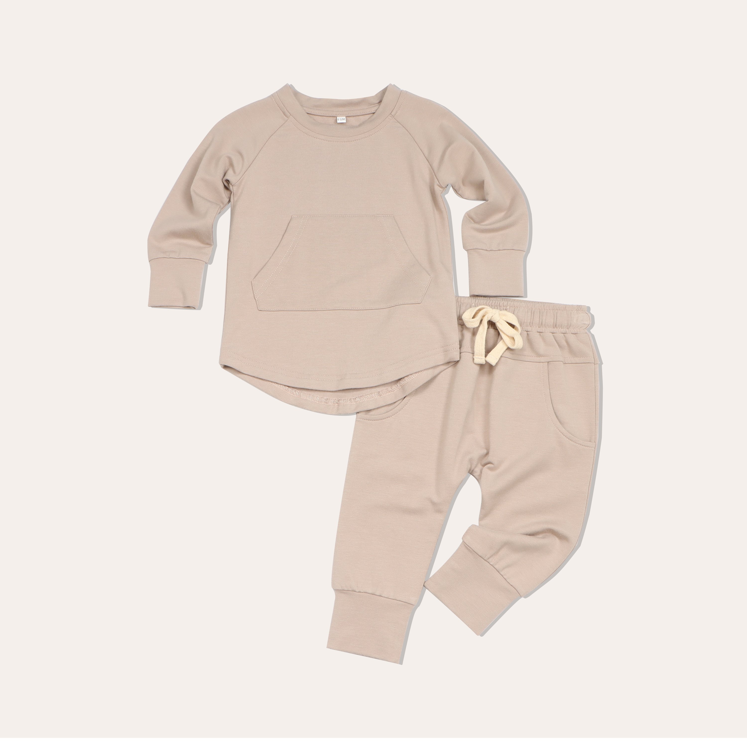 Bamboo fiber organic cotton baby long sleeved set kangaroo pocket top round neck baby clothing set bamboo clothing