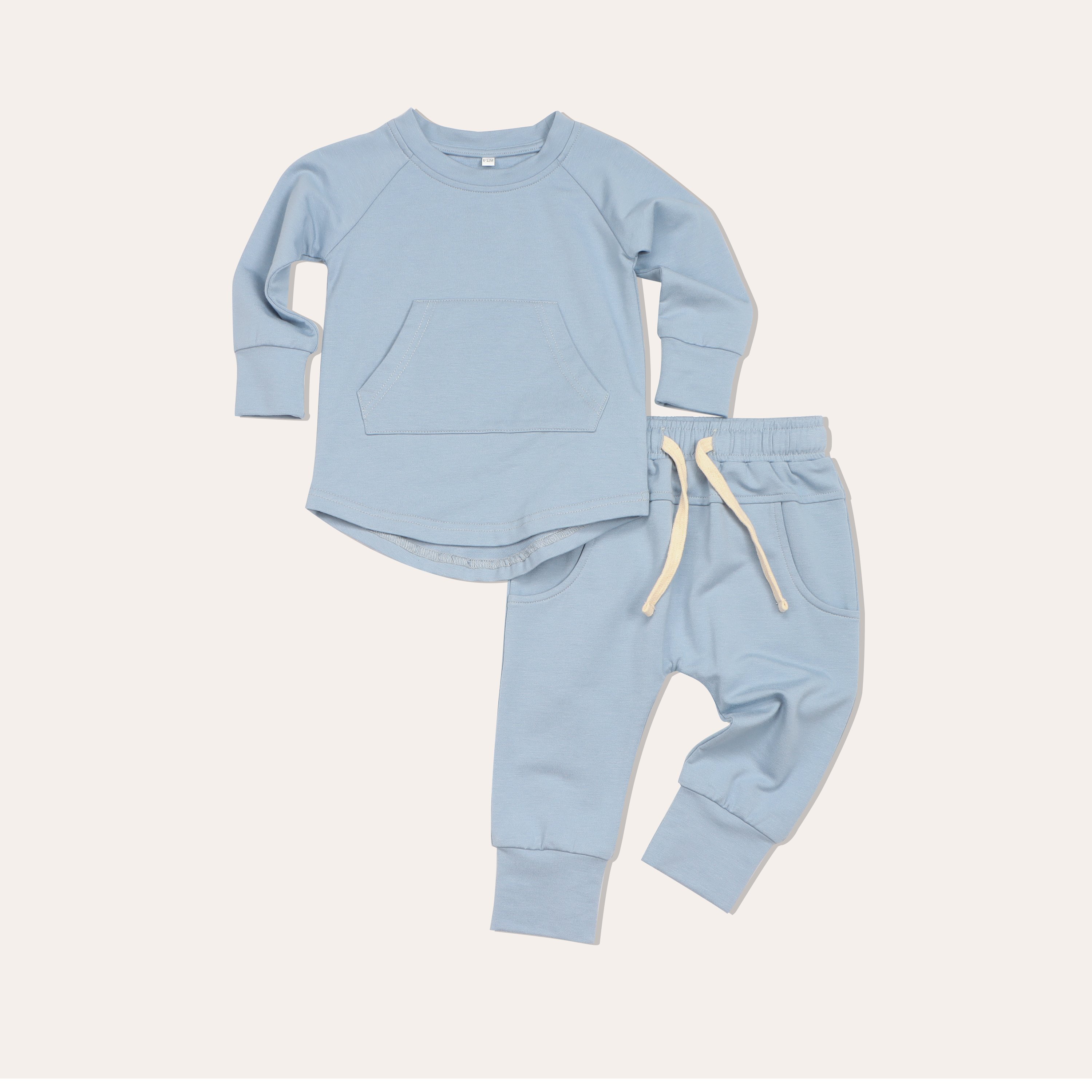 Bamboo fiber organic cotton baby long sleeved set kangaroo pocket top round neck baby clothing set bamboo clothing