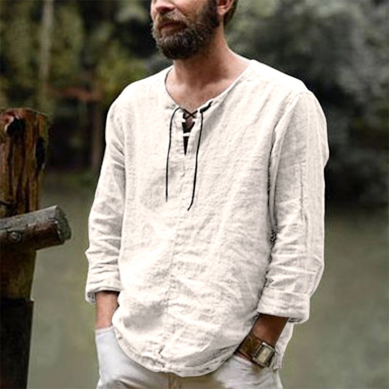 New Long Sleeve European and American Men's Solid Color Trendy Cotton linen fabric Top Shirt OEM