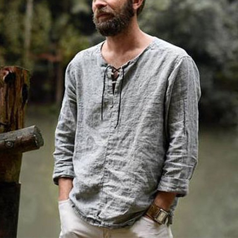New Long Sleeve European and American Men's Solid Color Trendy Cotton linen fabric Top Shirt OEM