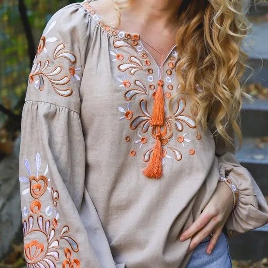Embroidered Long Sleeves Top Women's Summer Cotton Blouse Vintage Romanian Shirts For Women