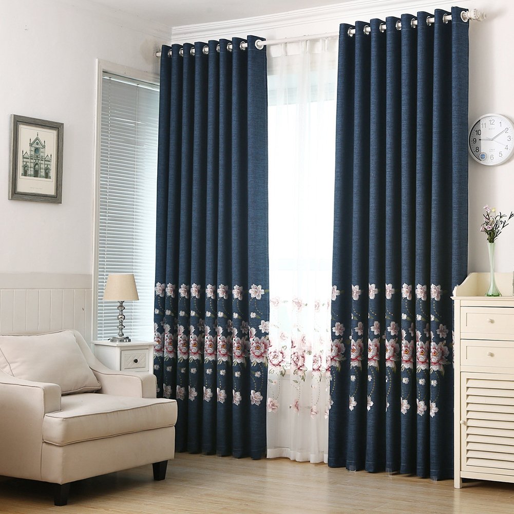 European Flower Embroidery Linen Blackout Curtains for Living Room Bedroom Silver Grommet Window Drapes