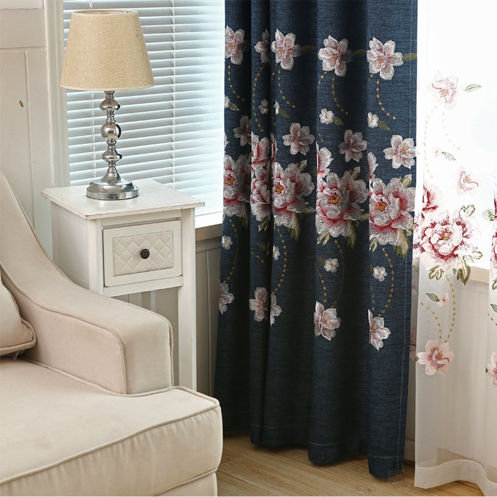 European Flower Embroidery Linen Blackout Curtains for Living Room Bedroom Silver Grommet Window Drapes