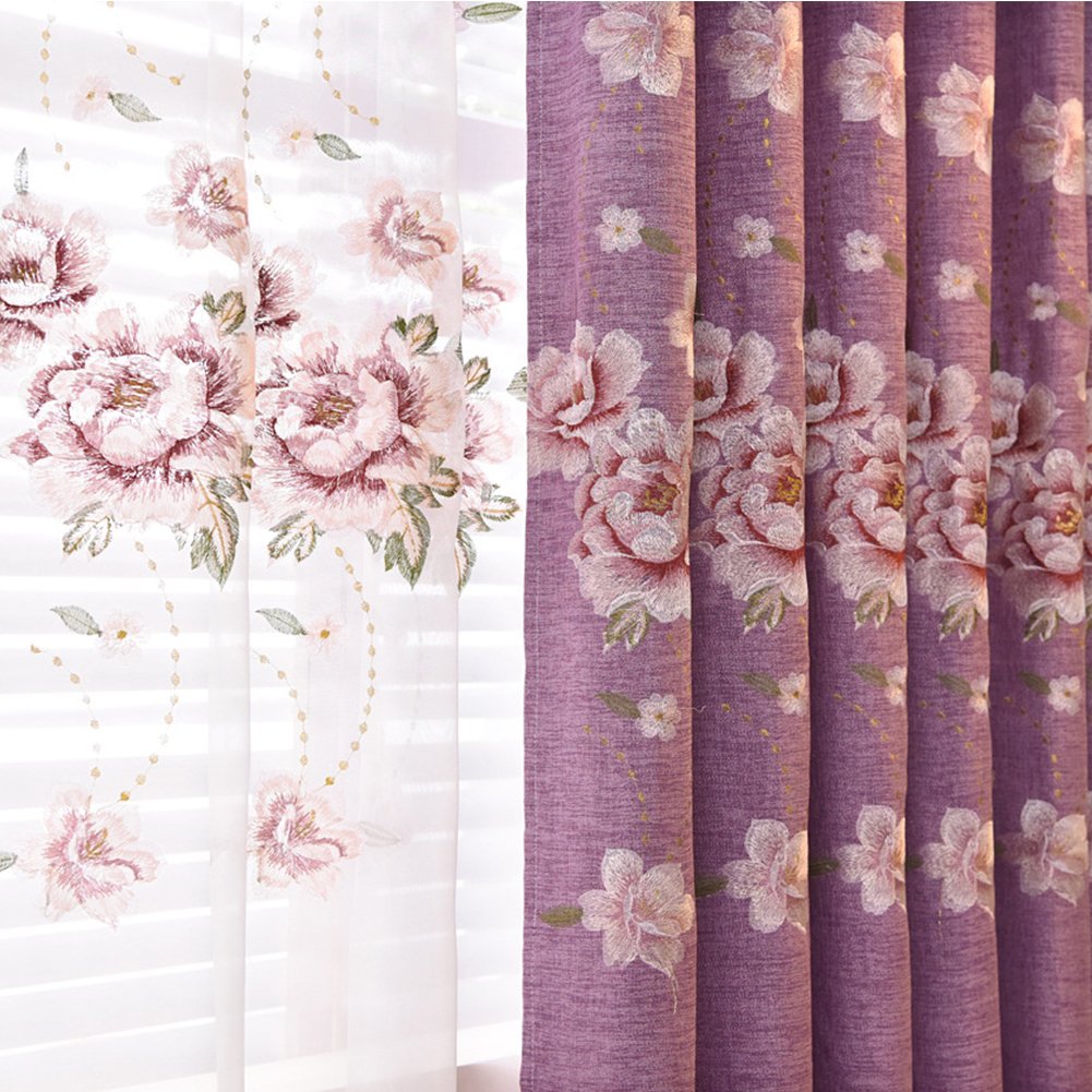 European Flower Embroidery Linen Blackout Curtains for Living Room Bedroom Silver Grommet Window Drapes