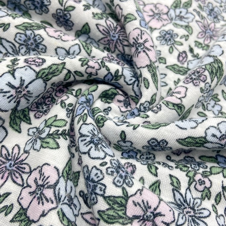 Wholesale 85% polyester 15% linen custom small floral print 135GSM single jersey fabric for clothing dress