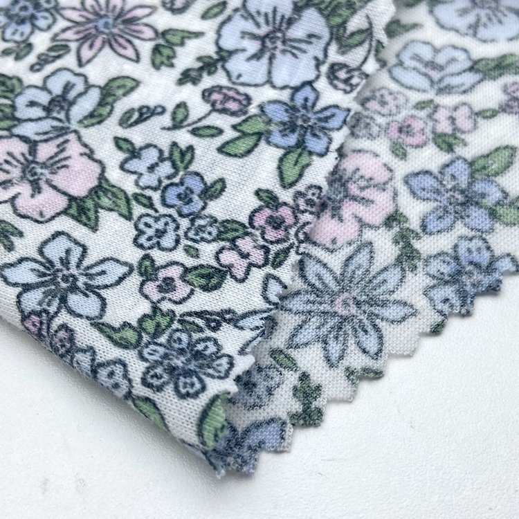 Wholesale 85% polyester 15% linen custom small floral print 135GSM single jersey fabric for clothing dress