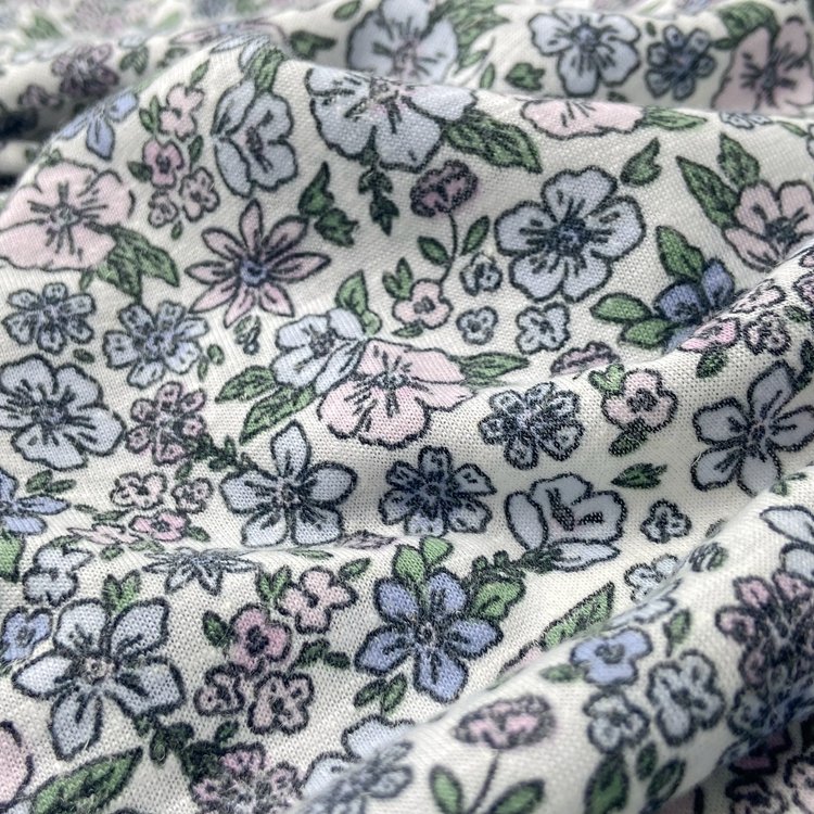 Wholesale 85% polyester 15% linen custom small floral print 135GSM single jersey fabric for clothing dress