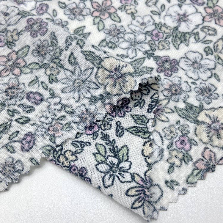 Wholesale 85% polyester 15% linen custom small floral print 135GSM single jersey fabric for clothing dress
