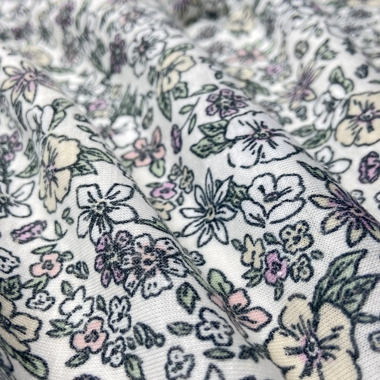 Wholesale 85% polyester 15% linen custom small floral print 135GSM single jersey fabric for clothing dress