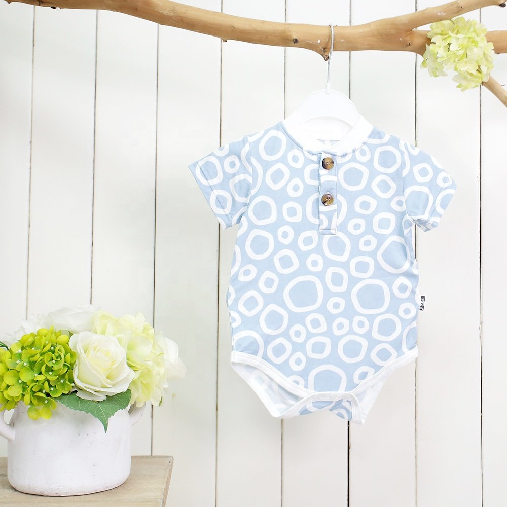 Hot Sale Summer New Design Bamboo Baby Romper Unisex Infant Short Sleeves Button Closure Knitted Cotton Fabric Printed Design