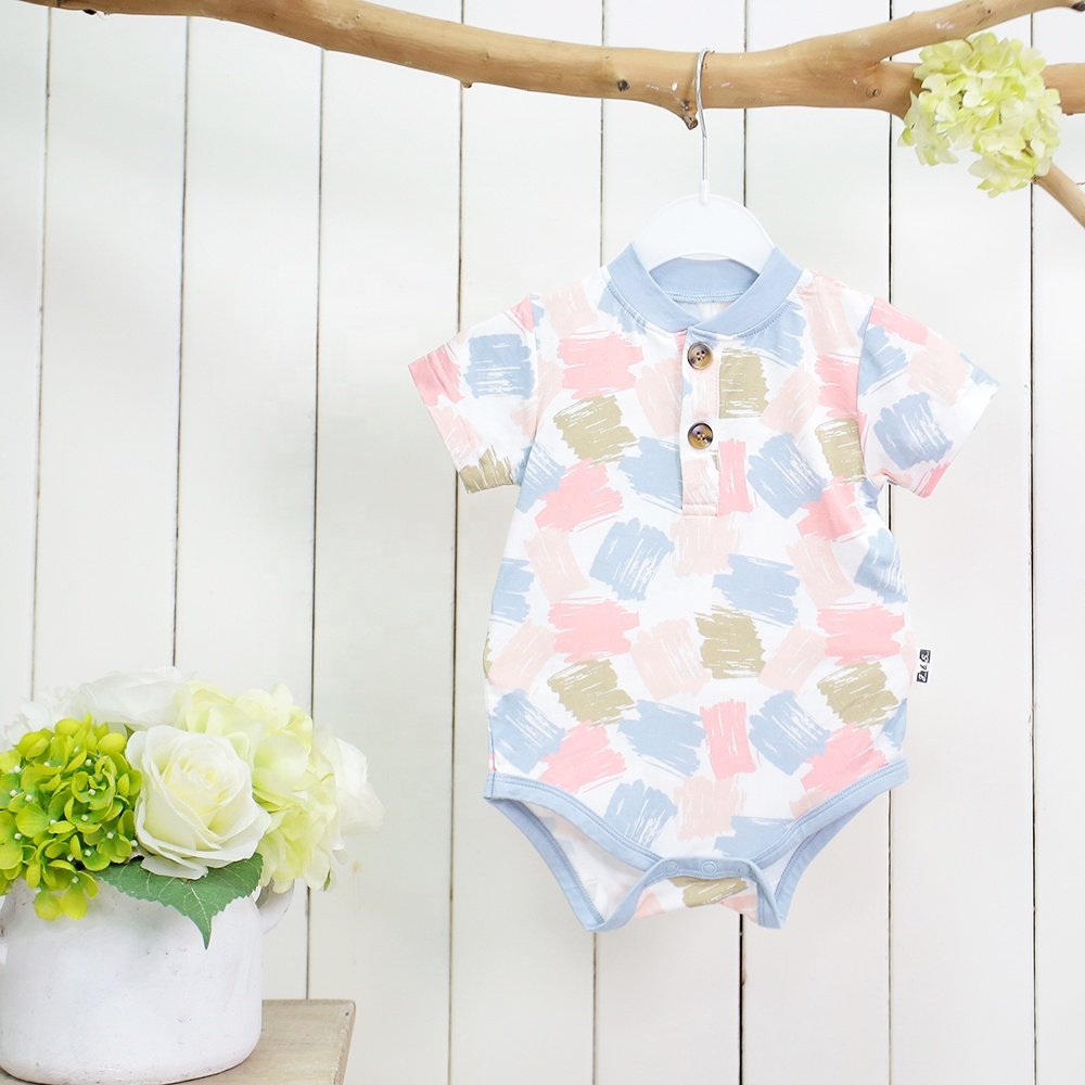 Hot Sale Summer New Design Bamboo Baby Romper Unisex Infant Short Sleeves Button Closure Knitted Cotton Fabric Printed Design