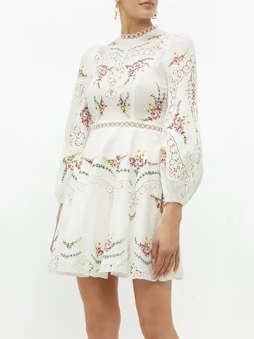JIARUI New Style Fashion O-neck Floral Embroidered Mini Dress Blend Fabric with Linen Casual Dresses White or Customized Color A