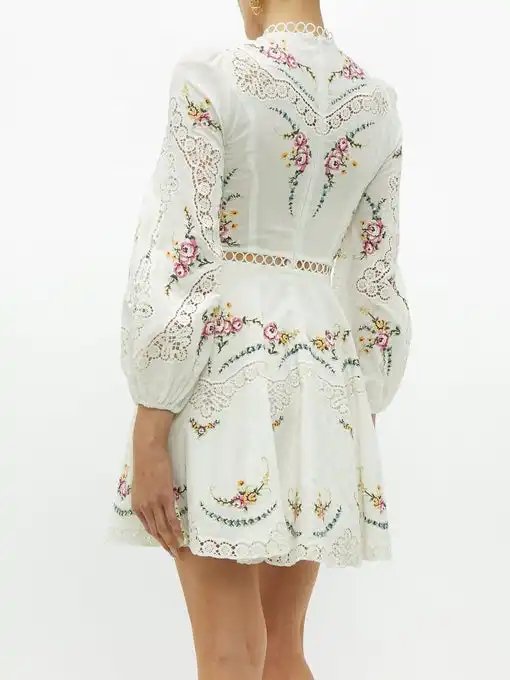 JIARUI New Style Fashion O-neck Floral Embroidered Mini Dress Blend Fabric with Linen Casual Dresses White or Customized Color A