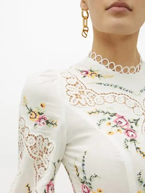 JIARUI New Style Fashion O-neck Floral Embroidered Mini Dress Blend Fabric with Linen Casual Dresses White or Customized Color A