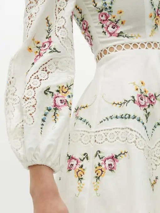 JIARUI New Style Fashion O-neck Floral Embroidered Mini Dress Blend Fabric with Linen Casual Dresses White or Customized Color A