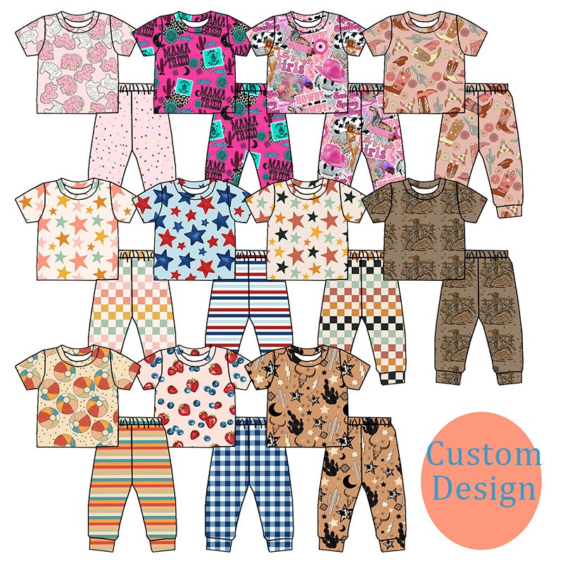 JF Hot Selling Kids Clothing Viscose Bamboo Custom Prints Short Sleeve and Long Pants 0-16 Years Two Pieces Pajamas Set