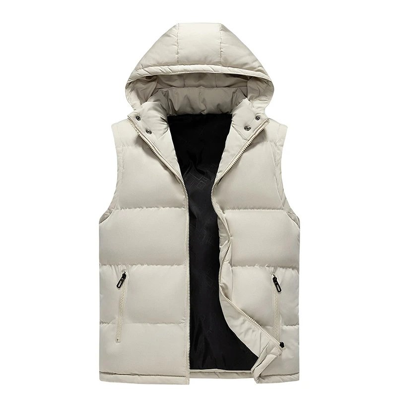 Men's Casual Winter Windproof Jacket Sleeveless down Vest with Solid Hood and Pockets Fashionable Waistcoat Warm Fabric