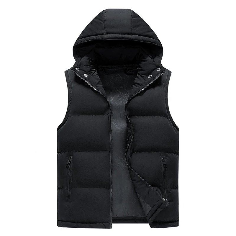 Men's Casual Winter Windproof Jacket Sleeveless down Vest with Solid Hood and Pockets Fashionable Waistcoat Warm Fabric