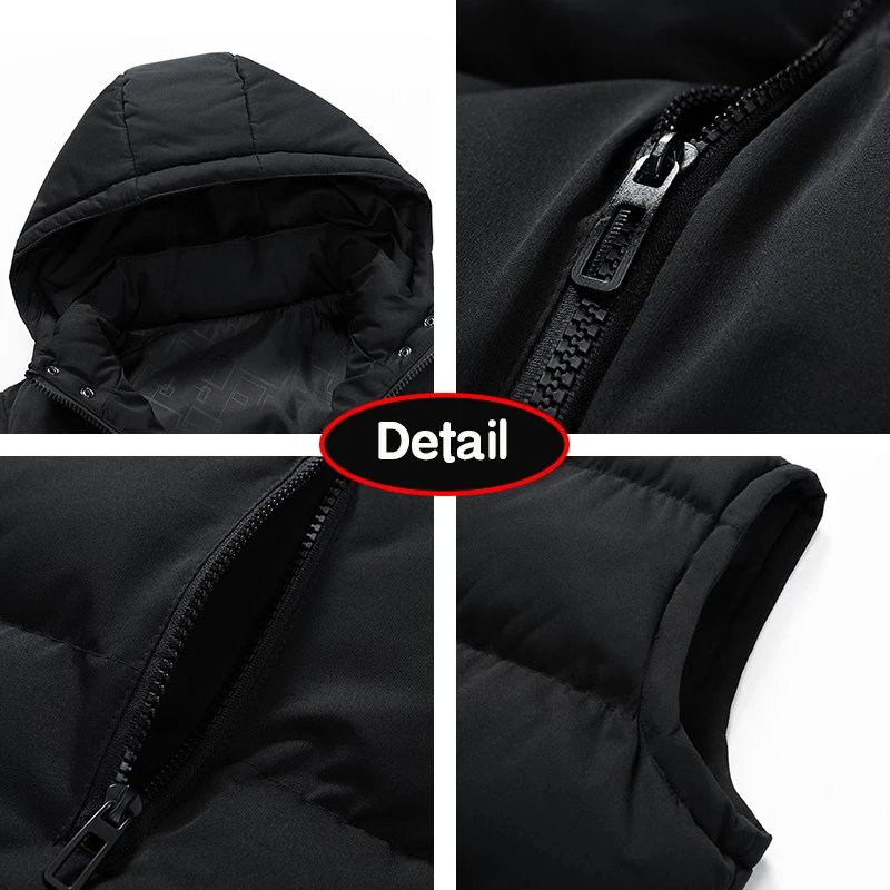 Men's Casual Winter Windproof Jacket Sleeveless down Vest with Solid Hood and Pockets Fashionable Waistcoat Warm Fabric