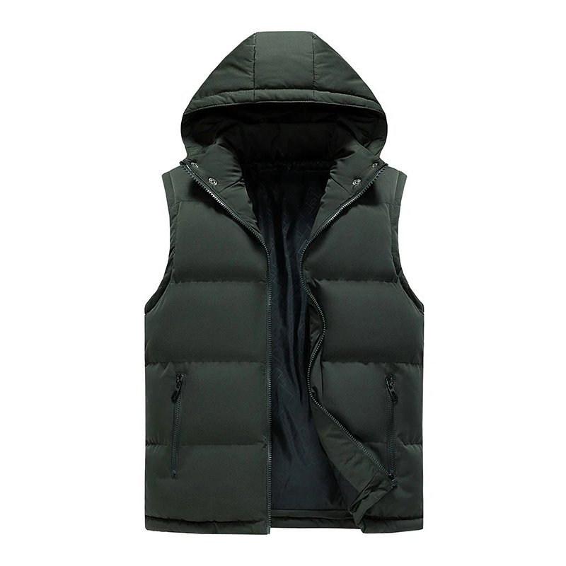 Men's Casual Winter Windproof Jacket Sleeveless down Vest with Solid Hood and Pockets Fashionable Waistcoat Warm Fabric