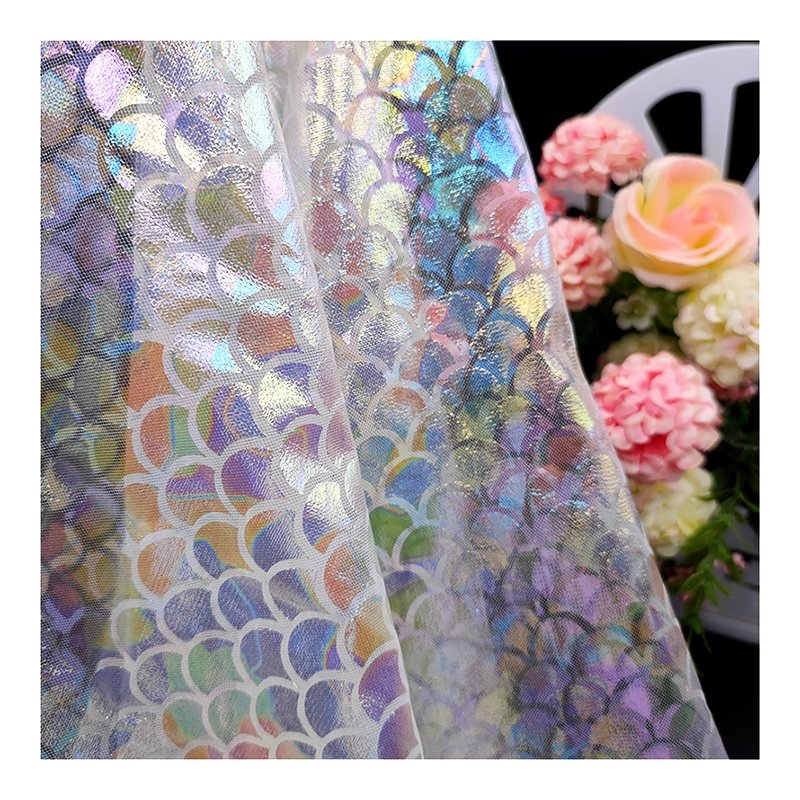 Colorful Fish Scale Laser Holographic Fabric Tulle Printed Mesh Fabric Wedding Dancewear Fabric