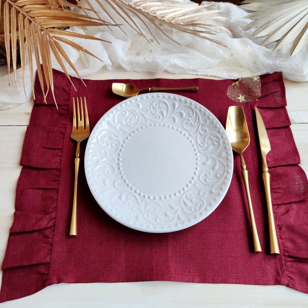 Ruffle Edge French Luxury flax pure Linen cloth napkins for wedding custom size Cotton Linen table placemat OEKO-Tex wholesale