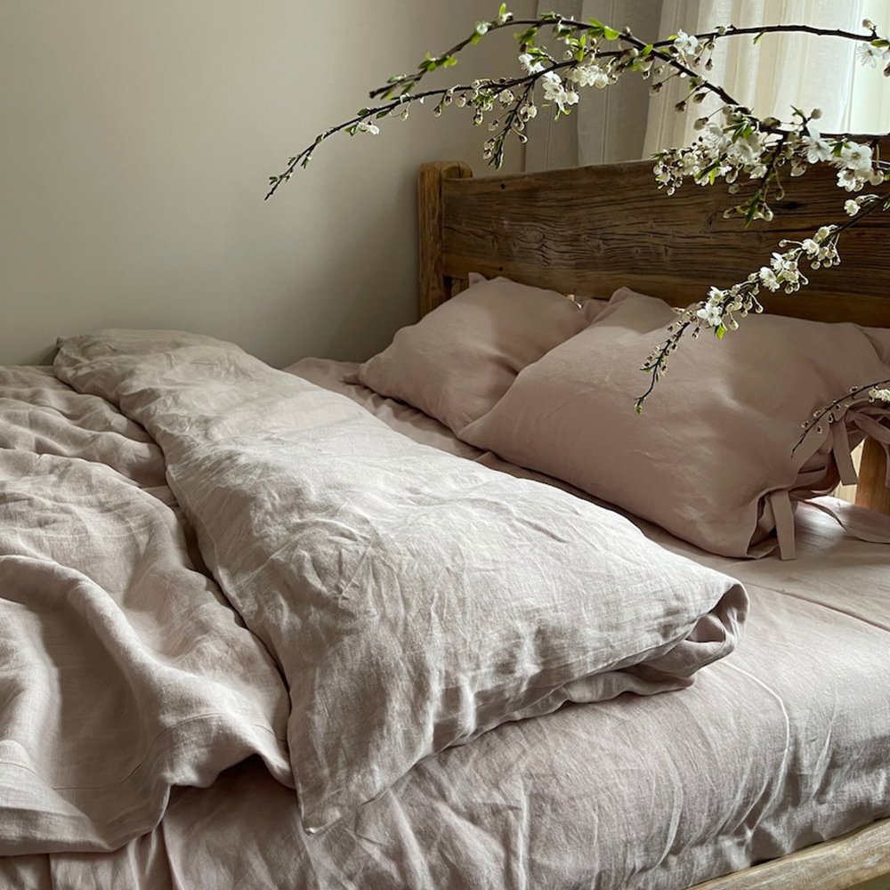 Custom Queen King size Luxury French organic flax fabric linen Duvet cover with ties pillow cover pure Linen bedding set