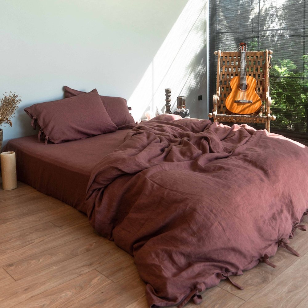 Custom Queen King size Luxury French organic flax fabric linen Duvet cover with ties pillow cover pure Linen bedding set
