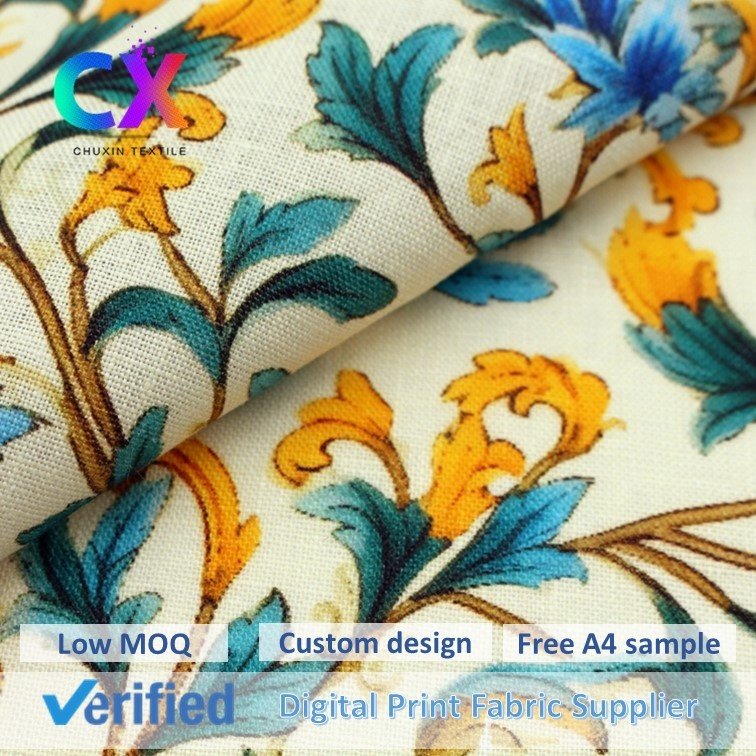 Wholesale custom design floral breathable 145gsm woven digital printing 100% linen plain fabrics for dresses