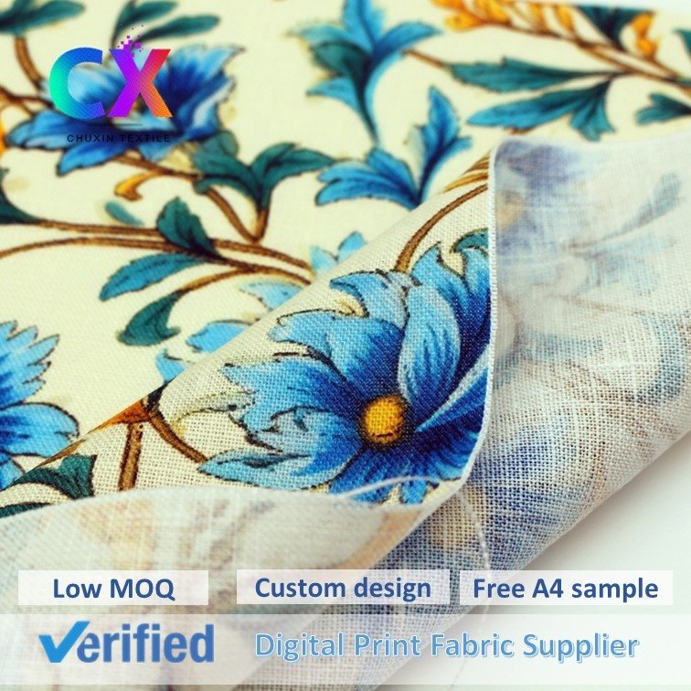 Wholesale custom design floral breathable 145gsm woven digital printing 100% linen plain fabrics for dresses