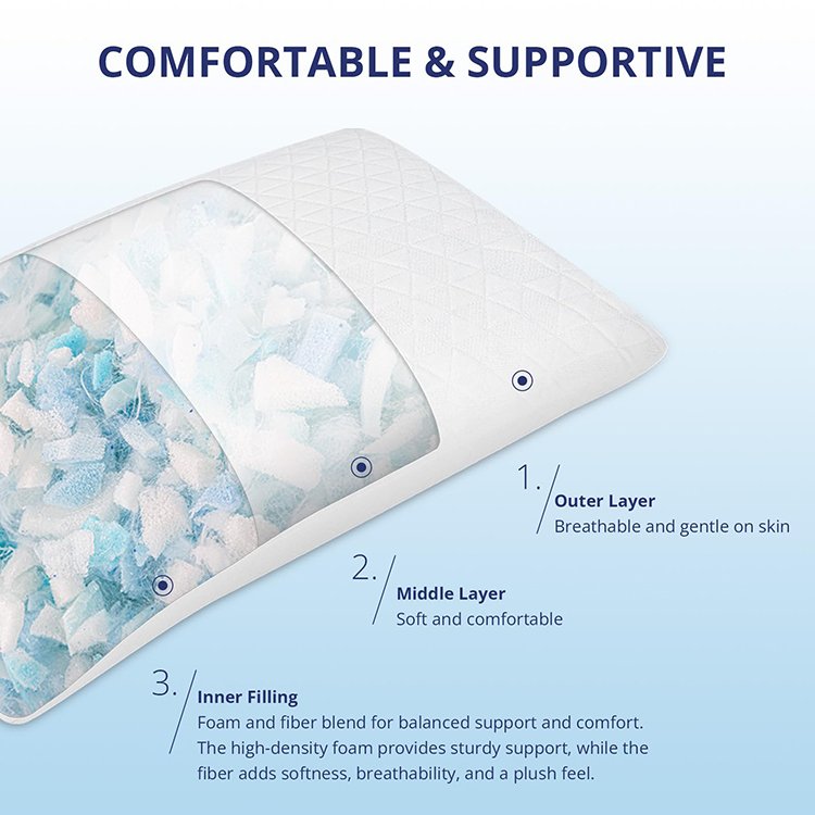 Sleeping Pillows Bamboo Neck Support Adjustable Height Ergonomic Memory Foam Square Throw Pillow