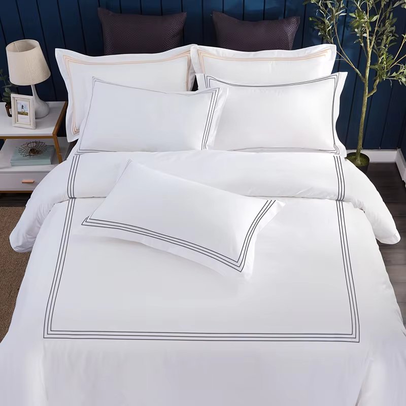 1Set Luxury 100_ Egypt Cotton Gray 5 Stars Hotel Bedding Set Pure Cotton Satin Strip Bed Line Duvet Cover Sheet 3_4pcs