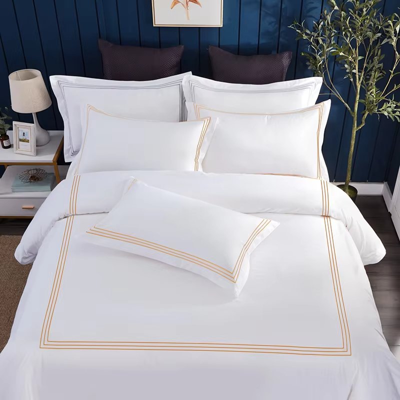 1Set Luxury 100_ Egypt Cotton Gray 5 Stars Hotel Bedding Set Pure Cotton Satin Strip Bed Line Duvet Cover Sheet 3_4pcs