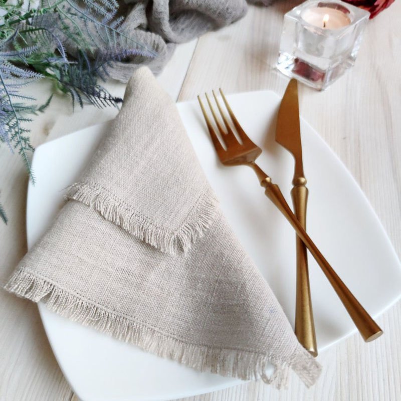 Custom size Eco friendly Elegant Square 100% pure Linen Flax fabric Wedding Frayed Napkin Table Cloth WIth Fringe