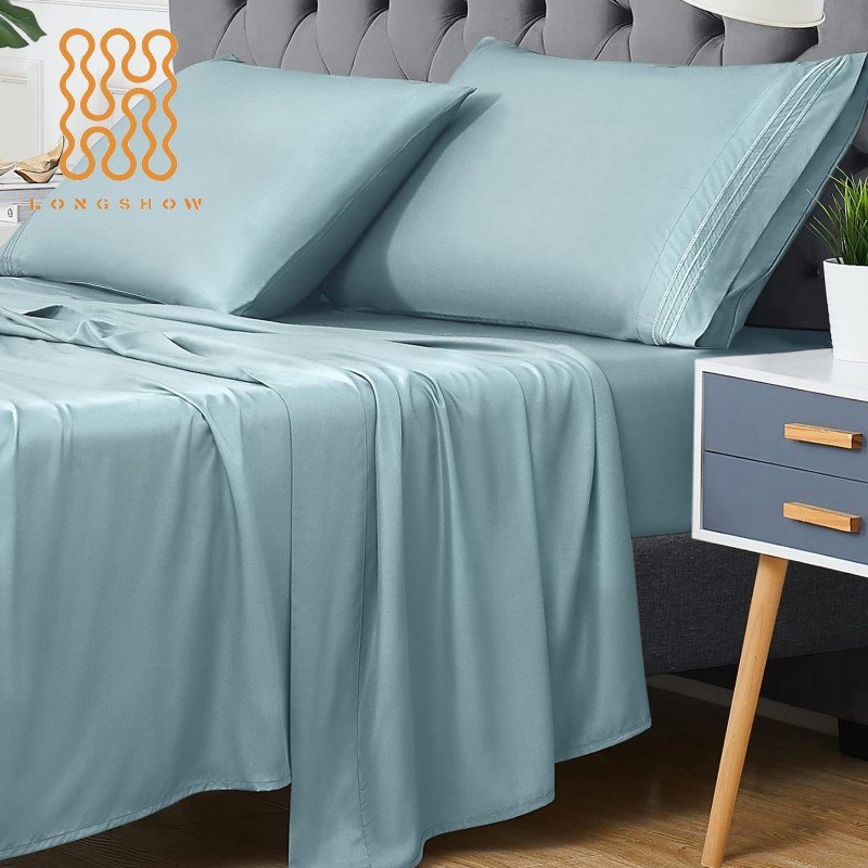 E-friendly Luxury 100% natural bamboo bedding set soild color embroidery bed sheet queen size