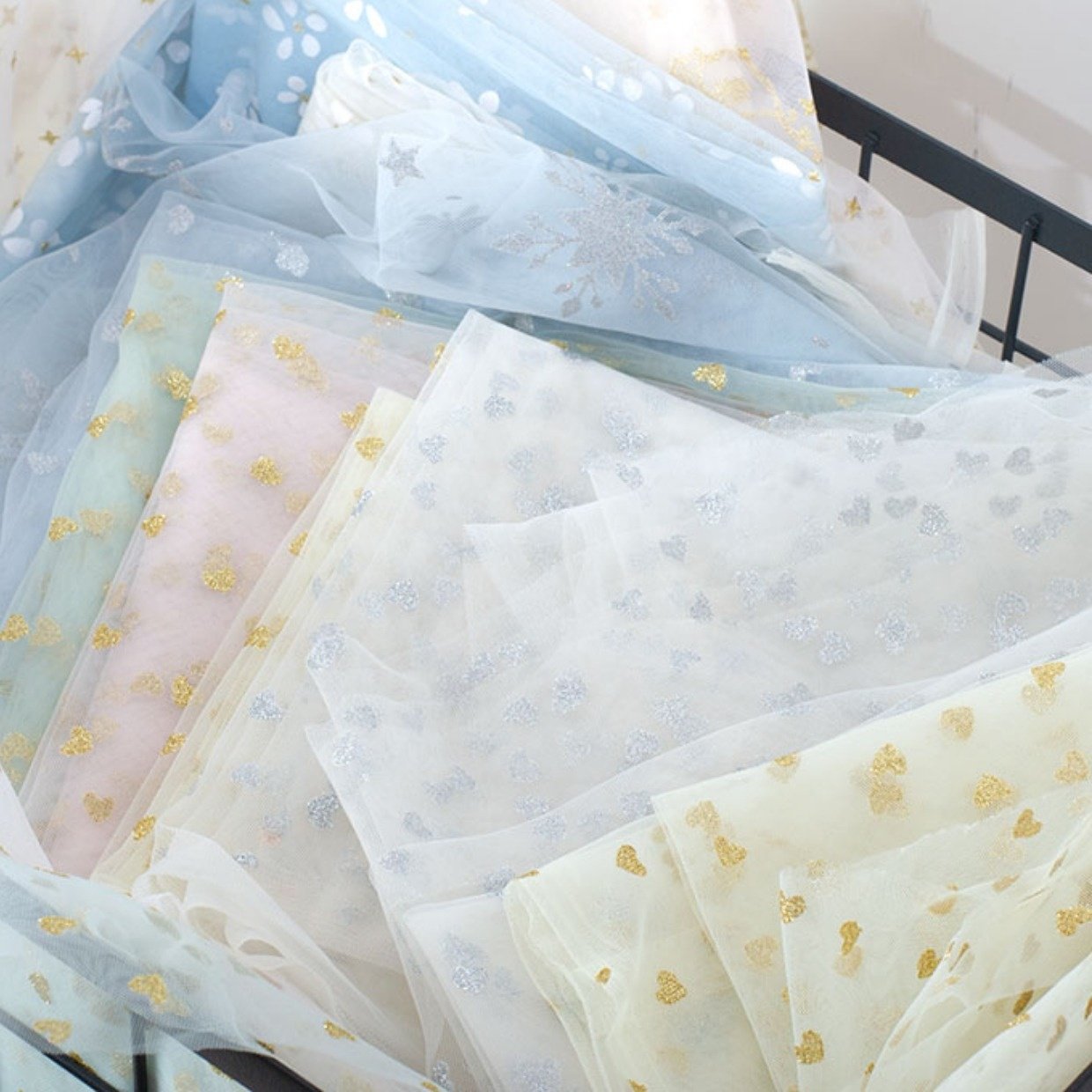 100% polyester glitter tulle fabric for children's dresses with cute hearts. love