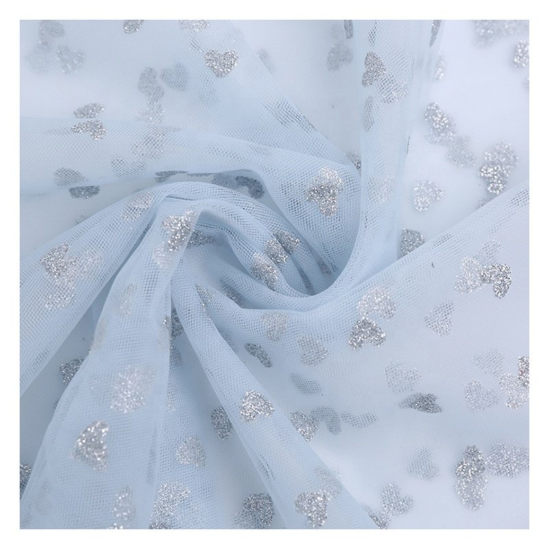 100% polyester glitter tulle fabric for children's dresses with cute hearts. love