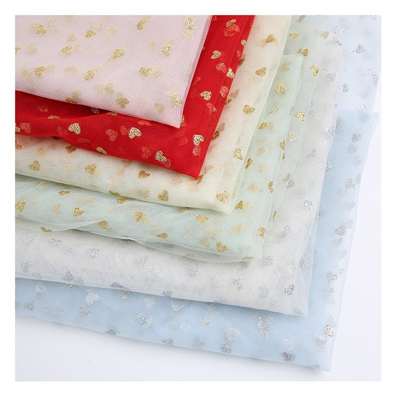 100% polyester glitter tulle fabric for children's dresses with cute hearts. love