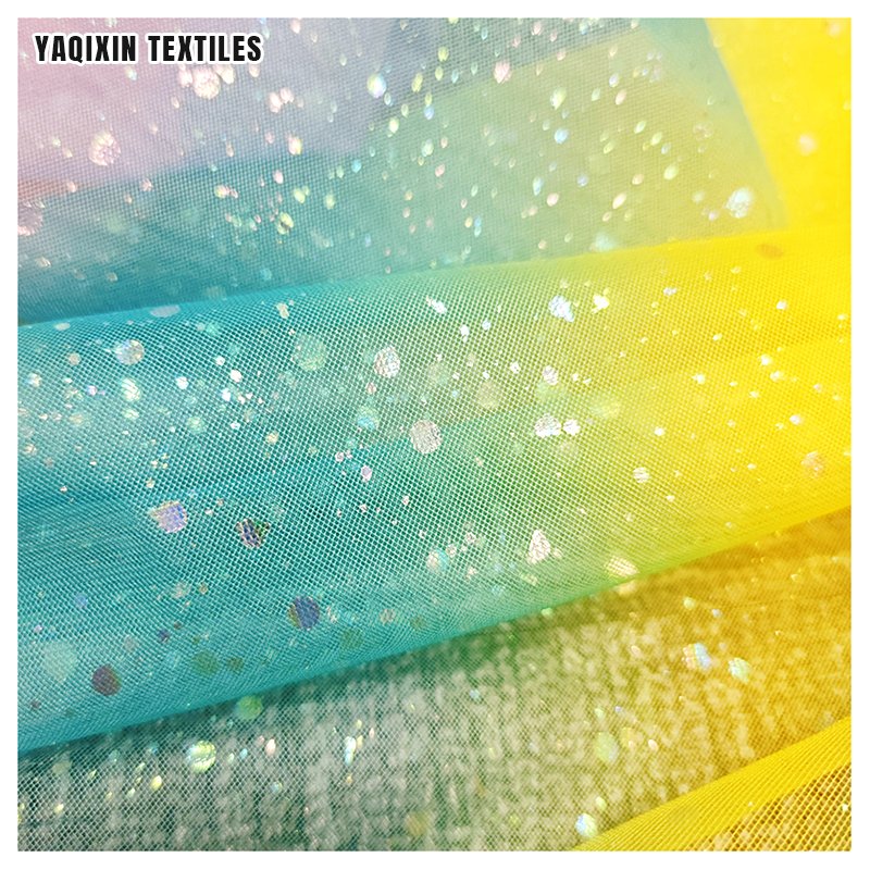 YY221125# High Quality Soft 100 Polyester Shiny Dot Tricot Knit Mesh Tulle Fabric with Print Rainbow Design