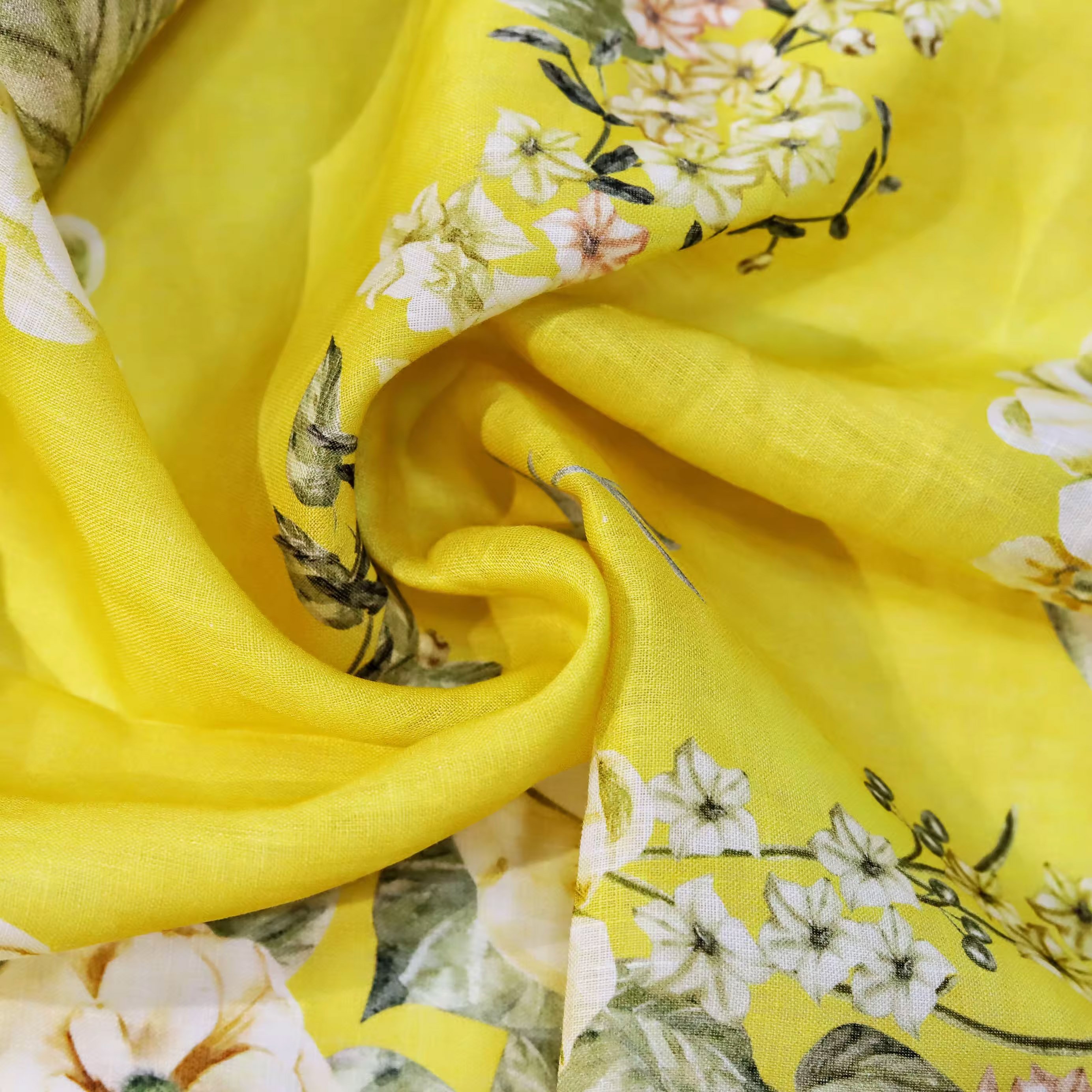 In stock NO MOQ custom print 100% flax pure linen fabric yellow floral printed fabric soft breathable for shirts